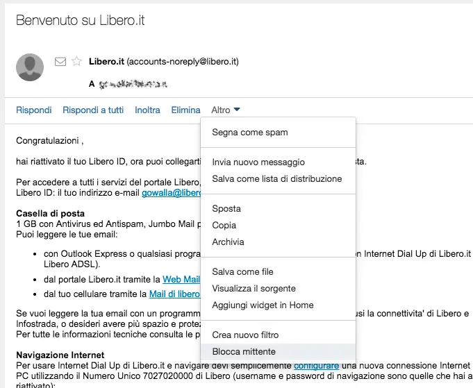 bloccare email libero