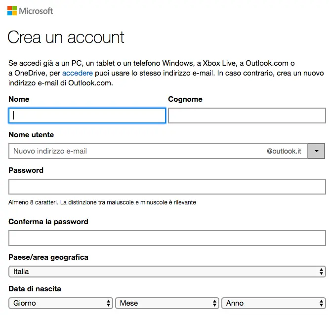 account gratuito outlook.com