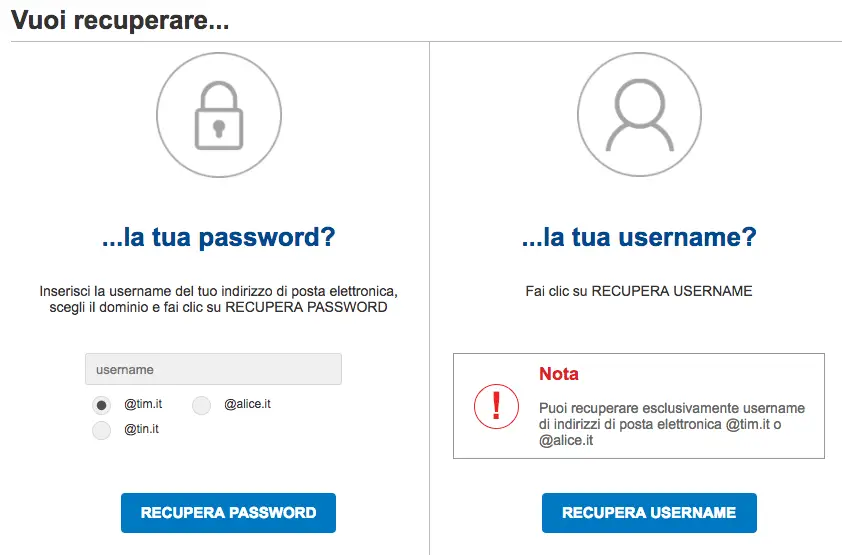 recupero email password alice tim tin