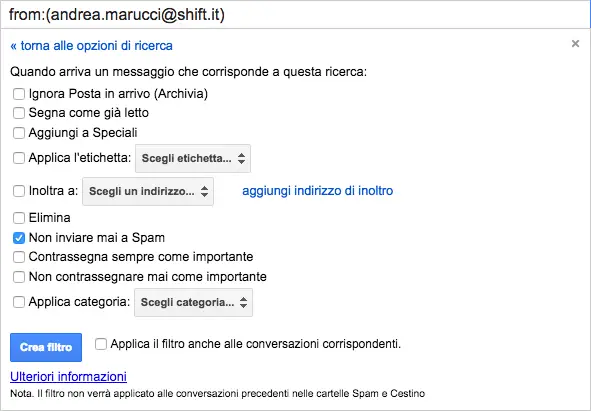 creazione filtro gmail azione