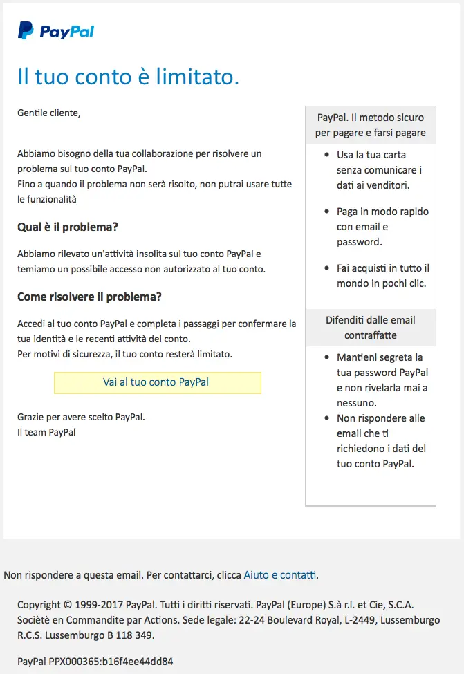 paypal conto limitato phishing pericoloso
