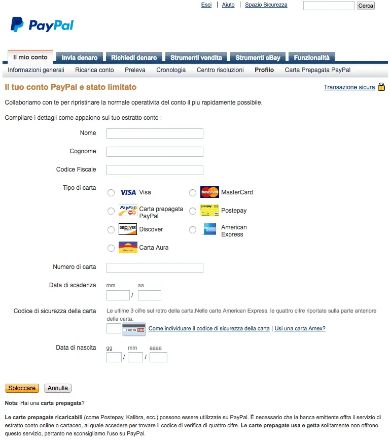 paypal phishing richiesta carta di credito