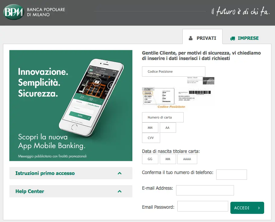 banca popolare milano phishing bpm accesso carta credito