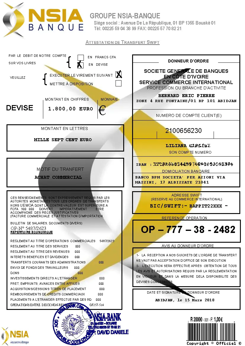 nsia banque truffa bonifico documenti