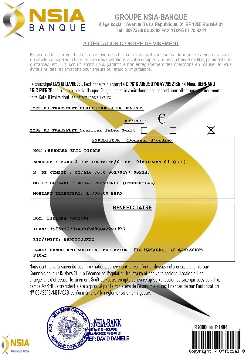 nsia banque truffa bonifico