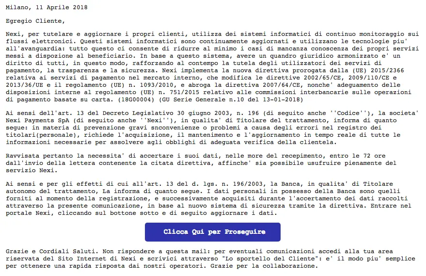 nexi mail phishing direttiva