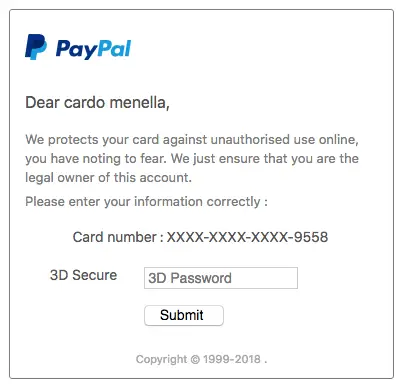 paypal phishing richiesta 3d secure password