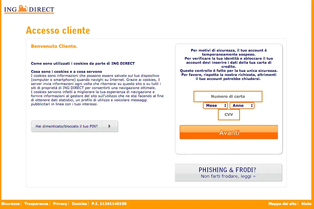 phishing ing direct richiesta carta credito