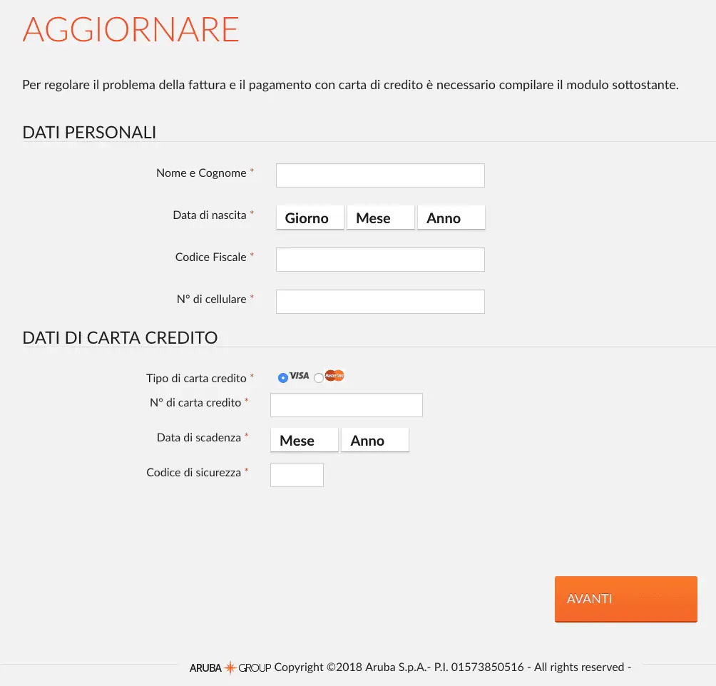 phishing aruba carta di credito sito falso