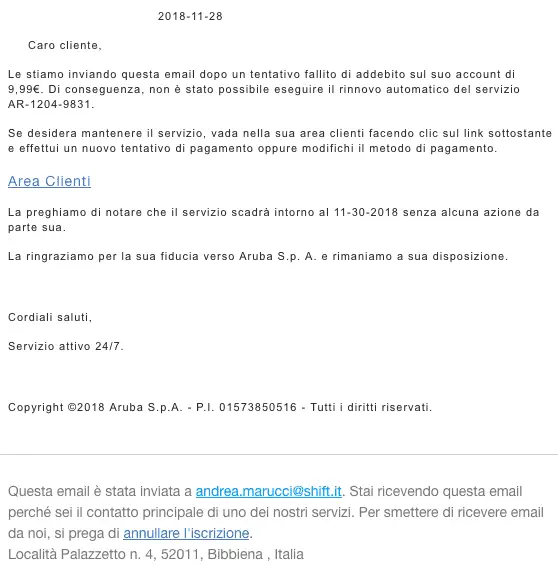 aruba phishing pericoloso