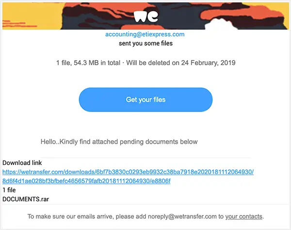 wetransfer phishing email falsa