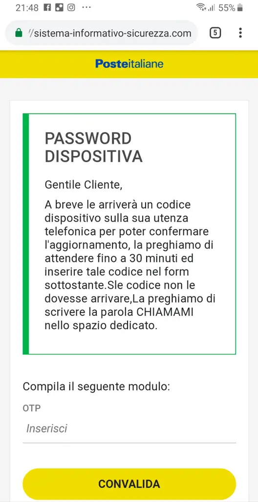 password dispositivo phishing poste italiane