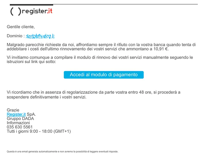 rifiuto di rinnovare phishing register