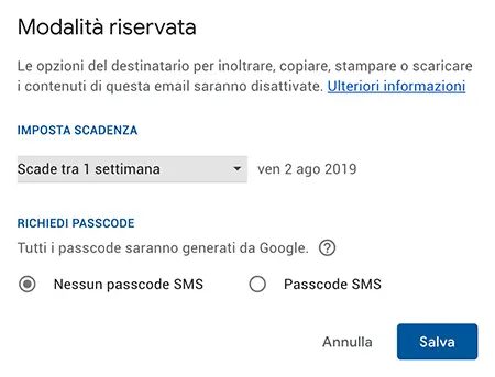 gmail modalita riservata