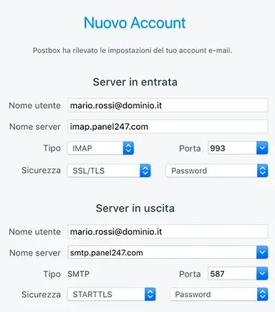 dati per configurazione account email