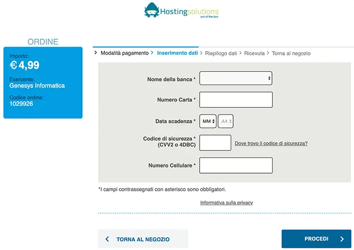 phishing hostingsolutions richiesta dati carta di credito