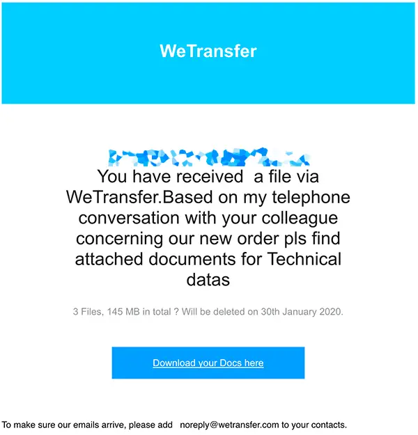 email di wetransfer falsa