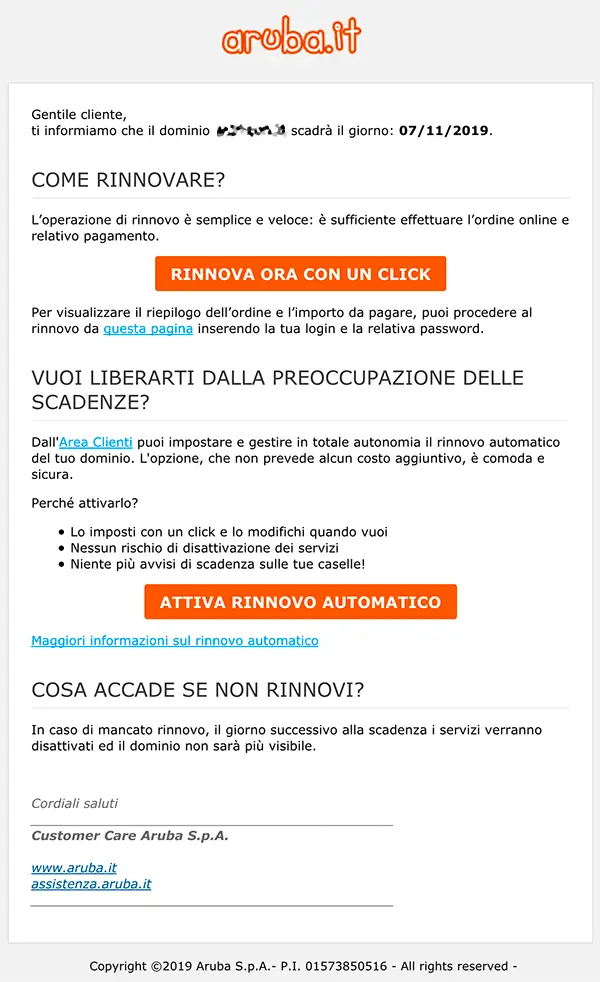 email scadenza servizio aruba