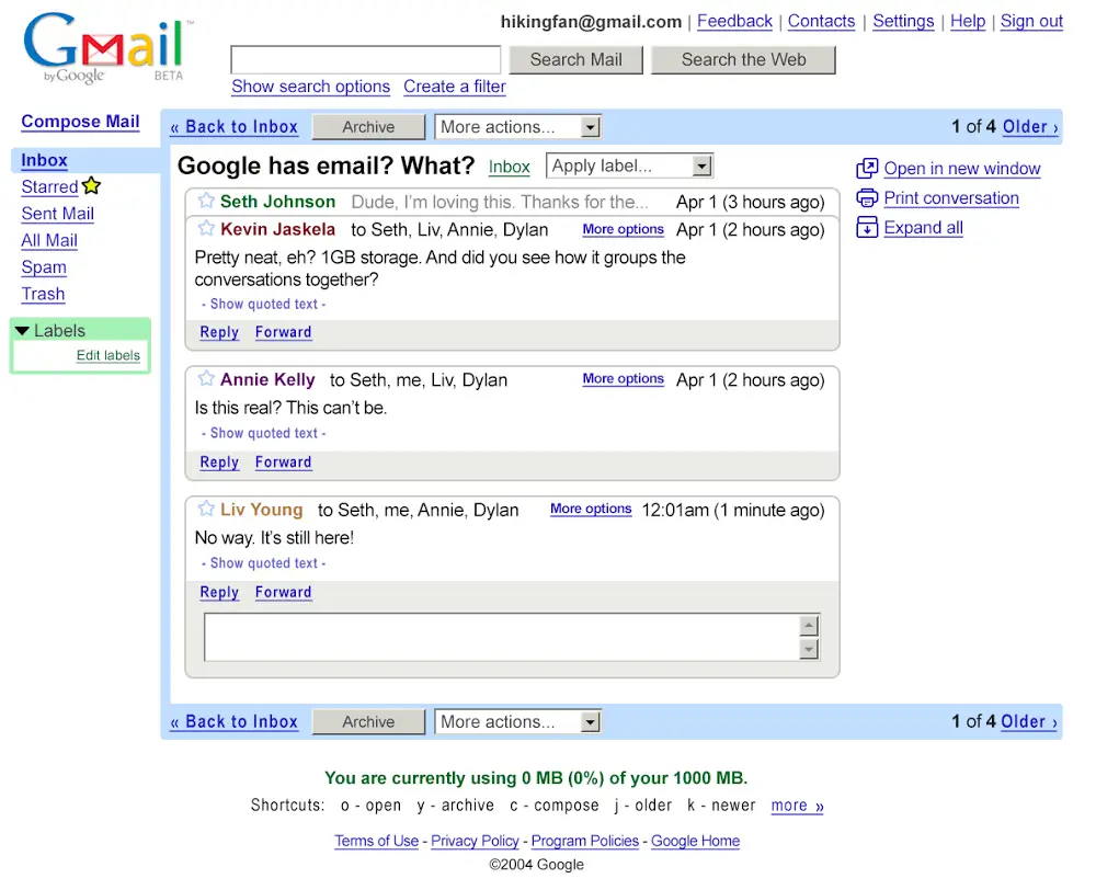 la prima versione di gmail