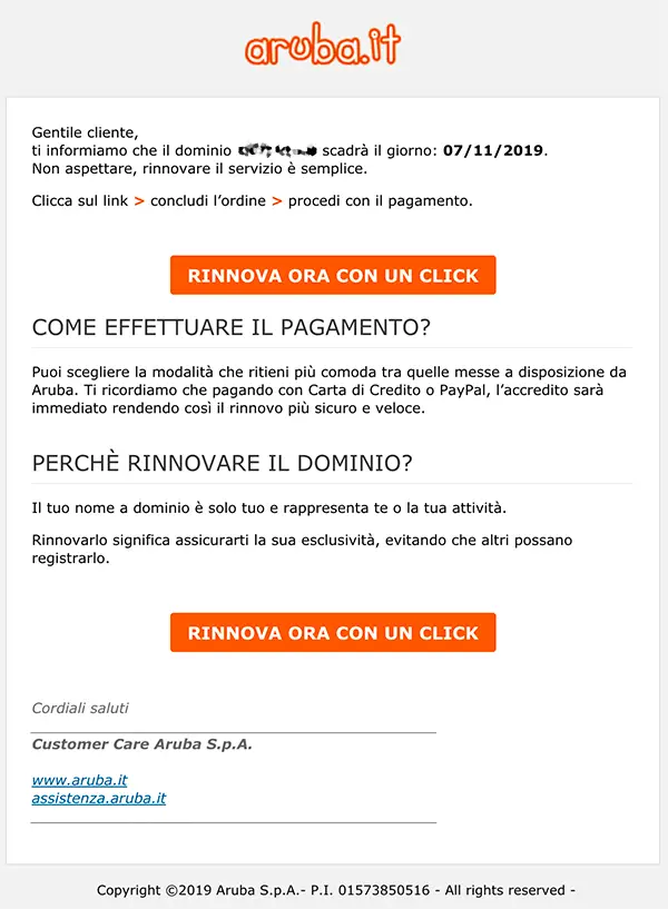 email scadenza servizio aruba