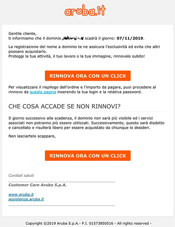 email scadenza servizio aruba