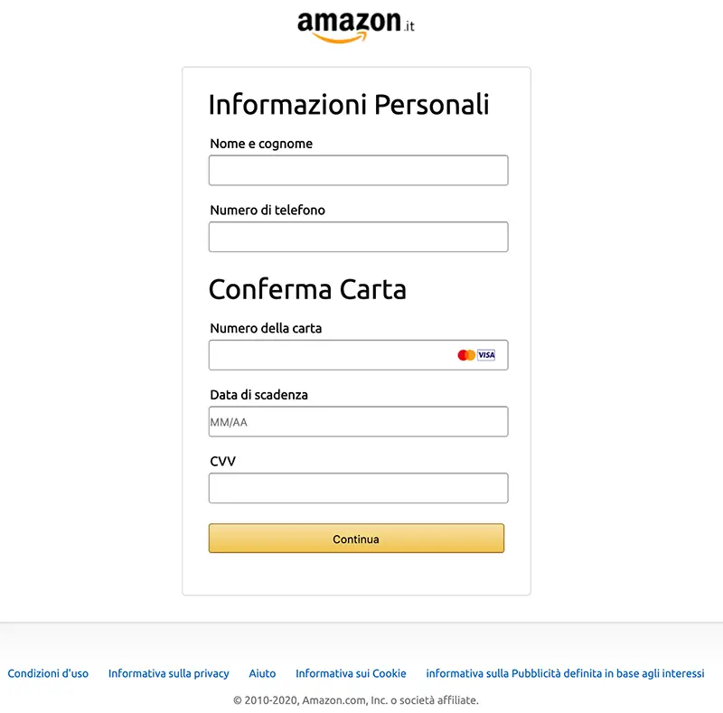 Account Amazon sospeso - richiesta carta di credito