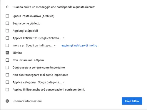 filtro gmail alias eliminazione