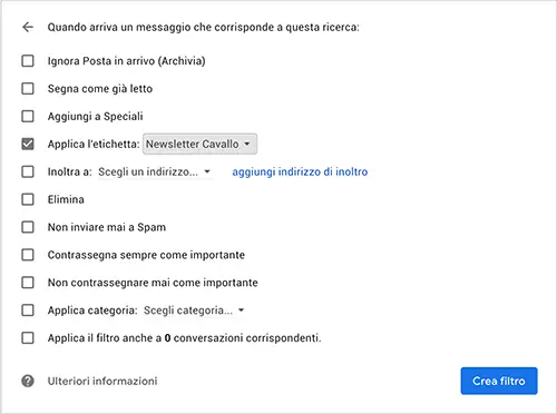 filtro gmail alias applicazione etichetta