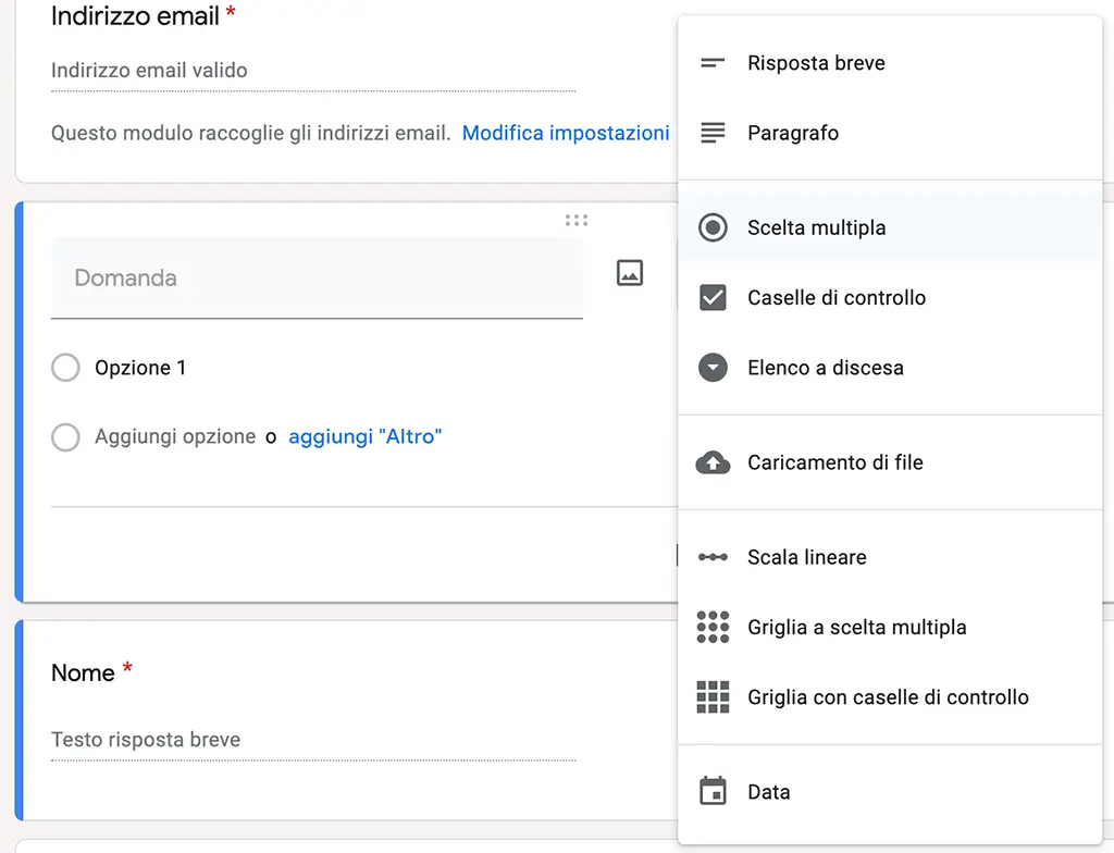opzioni e varietà dei campi di google moduli