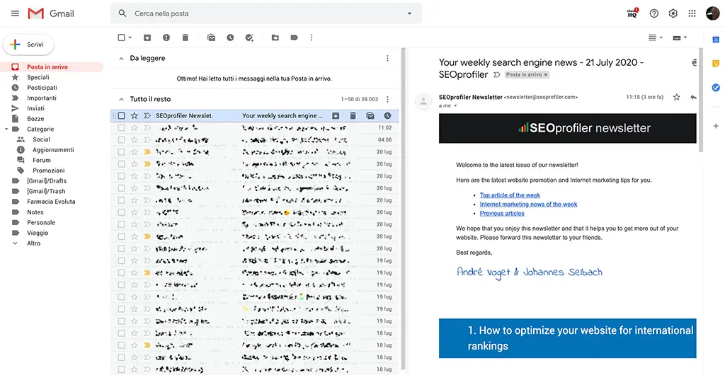 gmail visualizzazione dell'email a destra