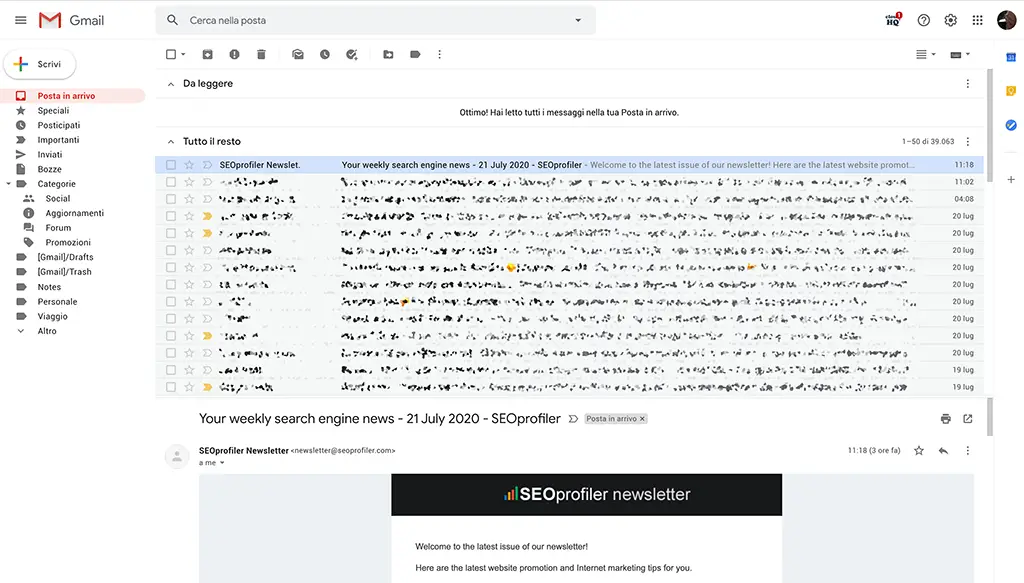 gmail visualizzazione dell'email sotto
