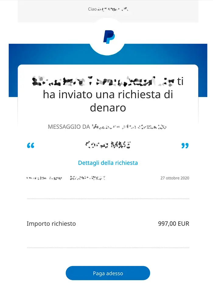 Richiesta di denaro PayPal falsa