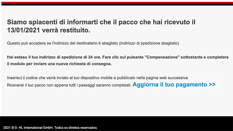 DHL : Il tuo pacco è stato restituito