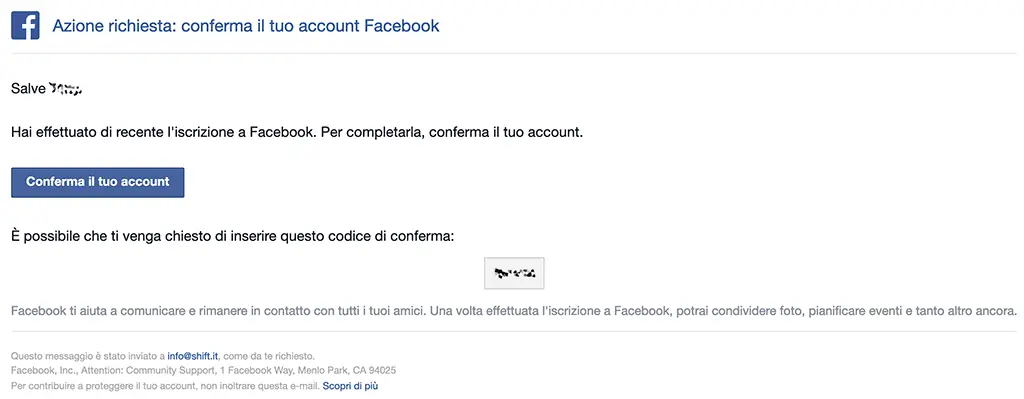 email conferma iscrizione facebook