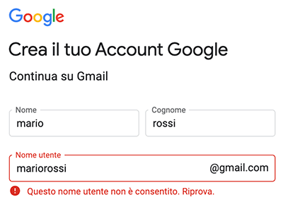 nome utente non consentito gmail