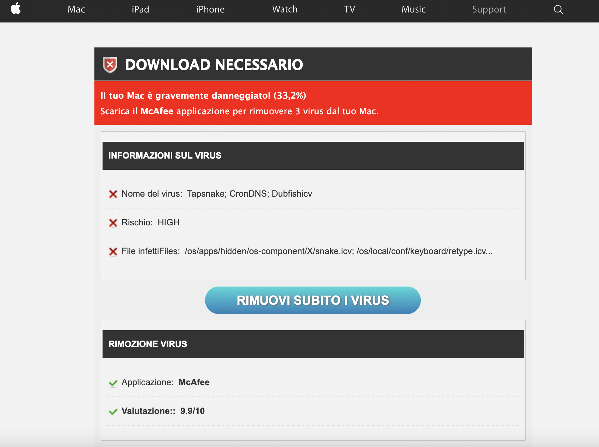 avviso falso di virus Mac