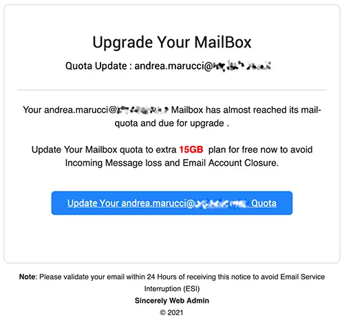 email phishing di superamento quota casella email