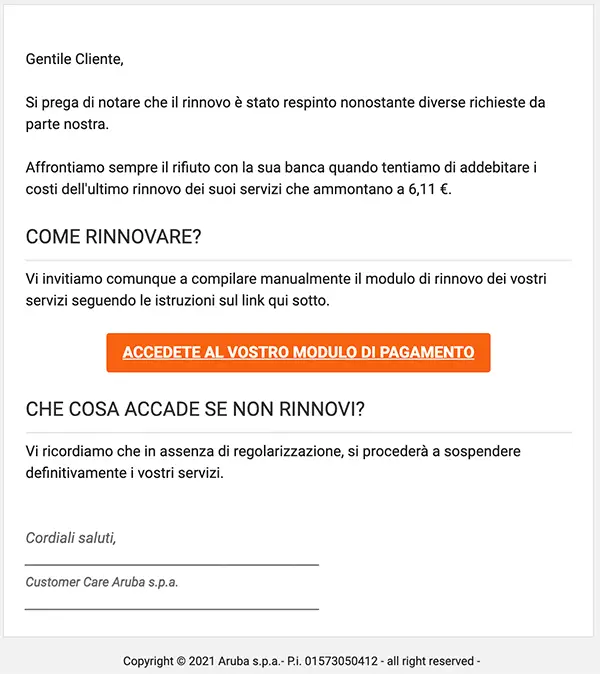 email rifiuto di rinnovo