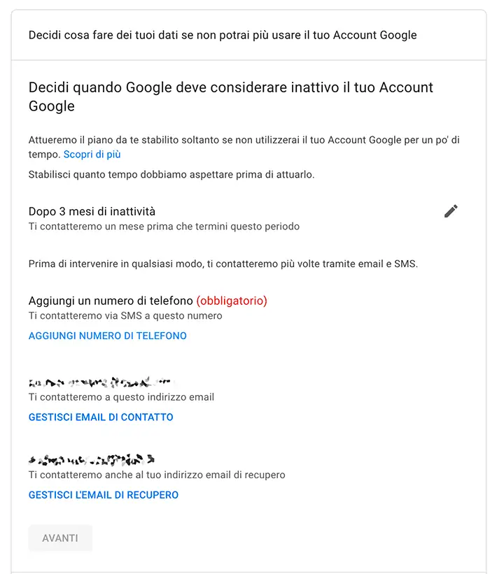 gestione account inattivo google periodo