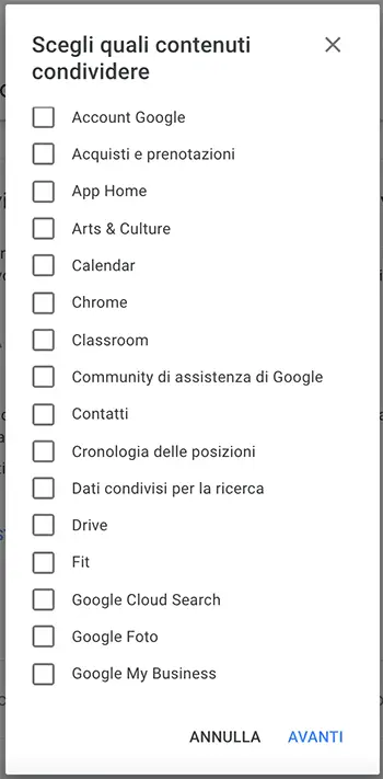 scelta dei prodotti google da condividere