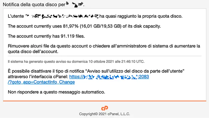 Un avviso vero di CPanel