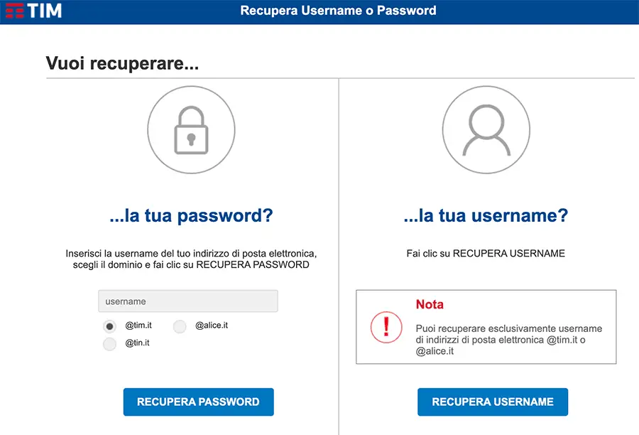 Alice mail recupero password