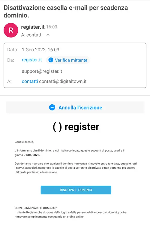 email fasulla di register.it