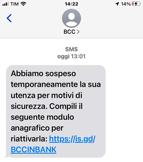 SMS da BCC di utenza sospesa