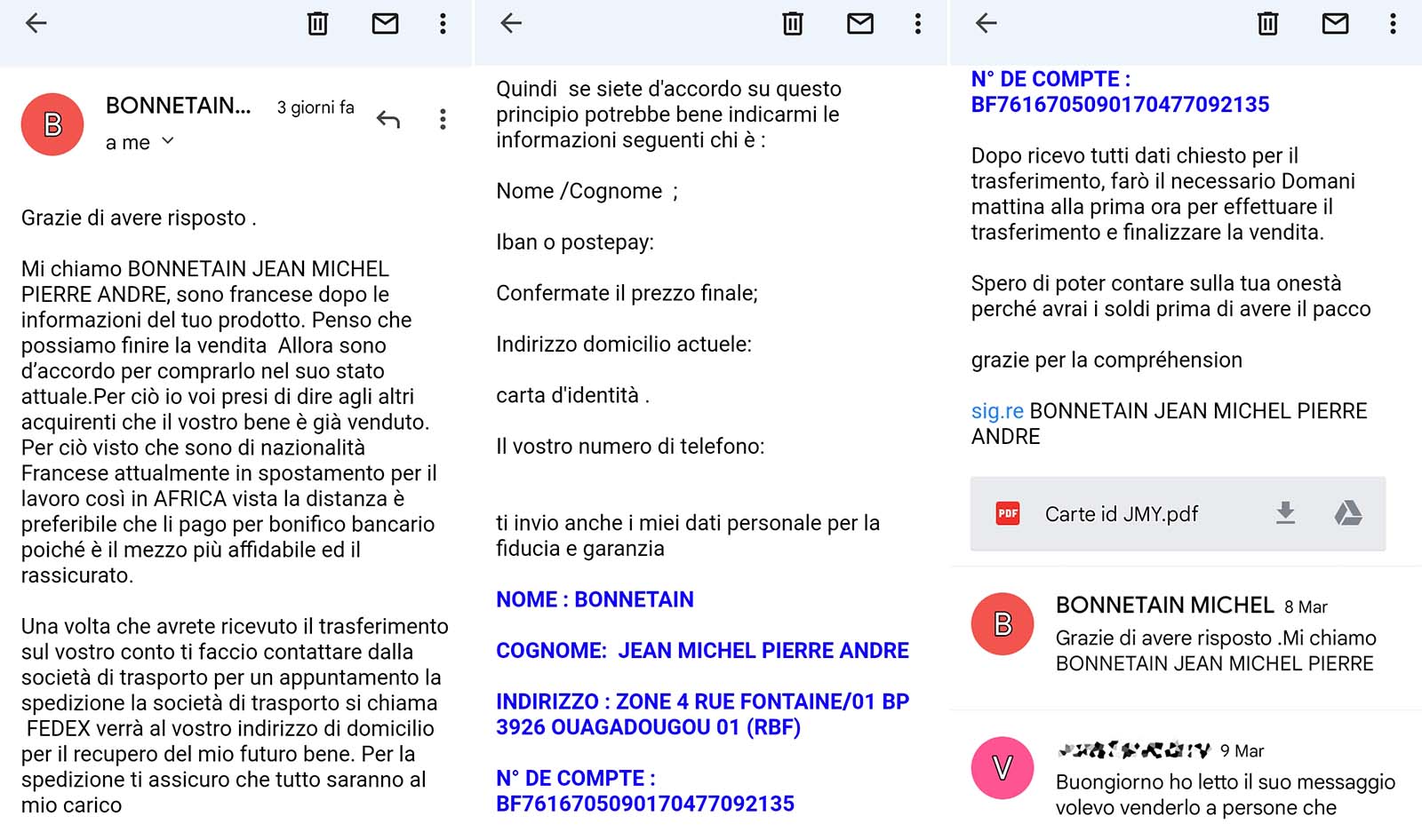 email del truffatore - truffa subito.it