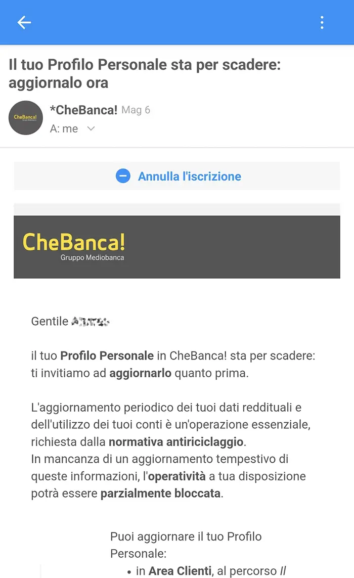 email chebanca dal cellulare
