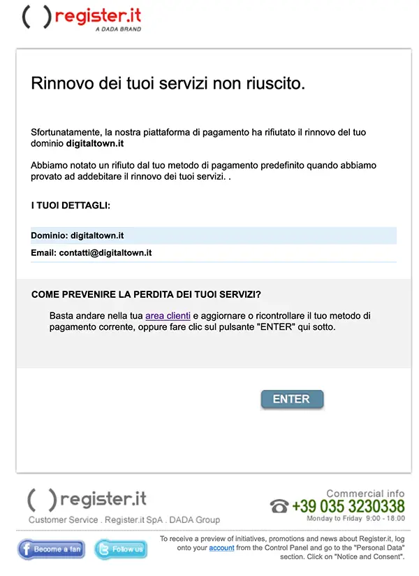 Rinnovo dei tuoi servizi non riuscito