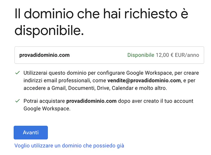 registrazione dominio google worspace