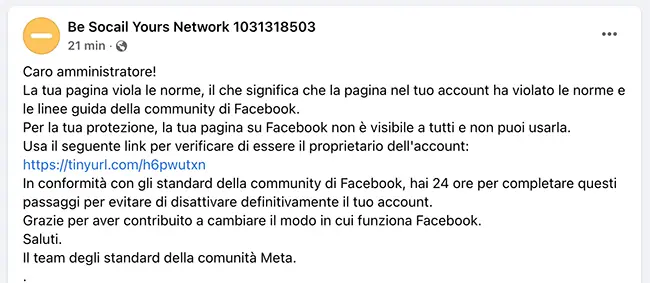 falso messaggio di facebook